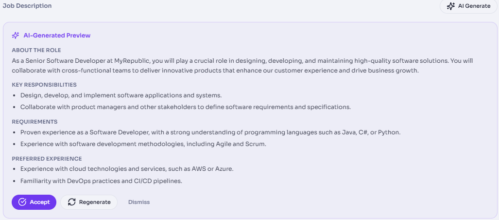 MRD Recruit AI-generated job description preview