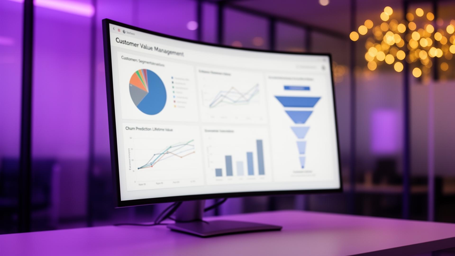 Marketing analytics team reviewing customer journey data on curved monitors