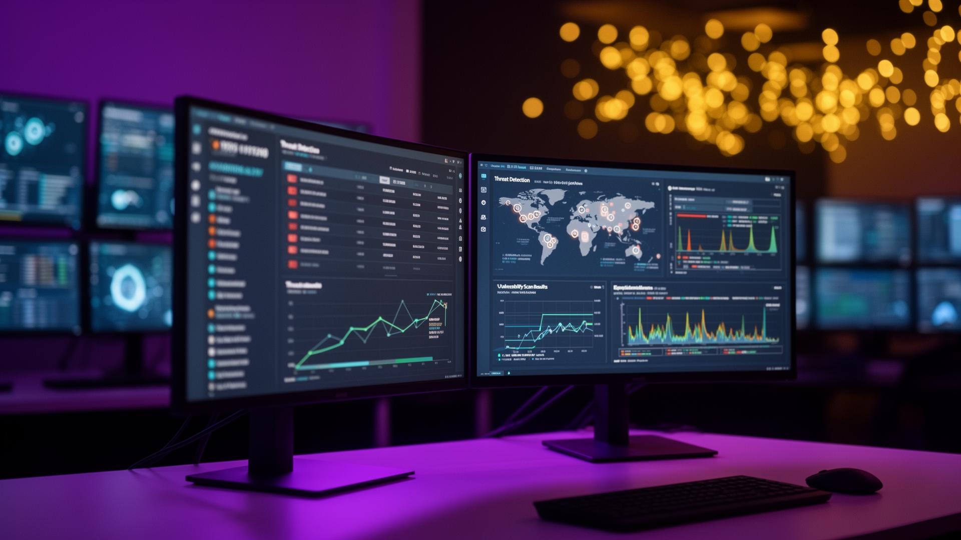 Dark cybersecurity operations centre with analysts monitoring threat detection dashboards