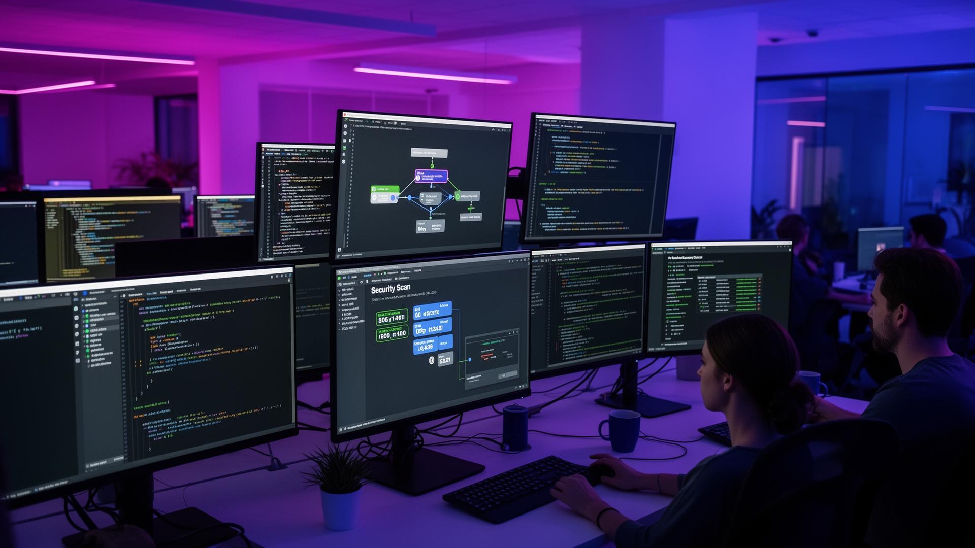 Software development team with multiple screens showing code and security scan results