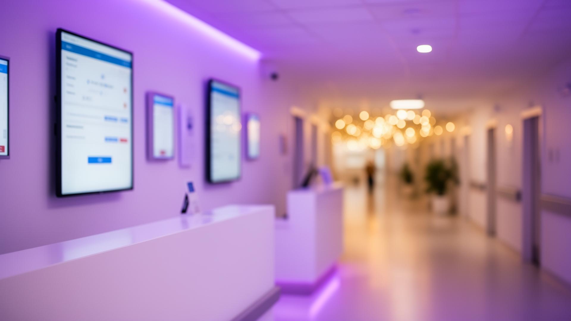 Modern Singapore hospital reception with AI-powered patient support automation and digital check-in kiosks