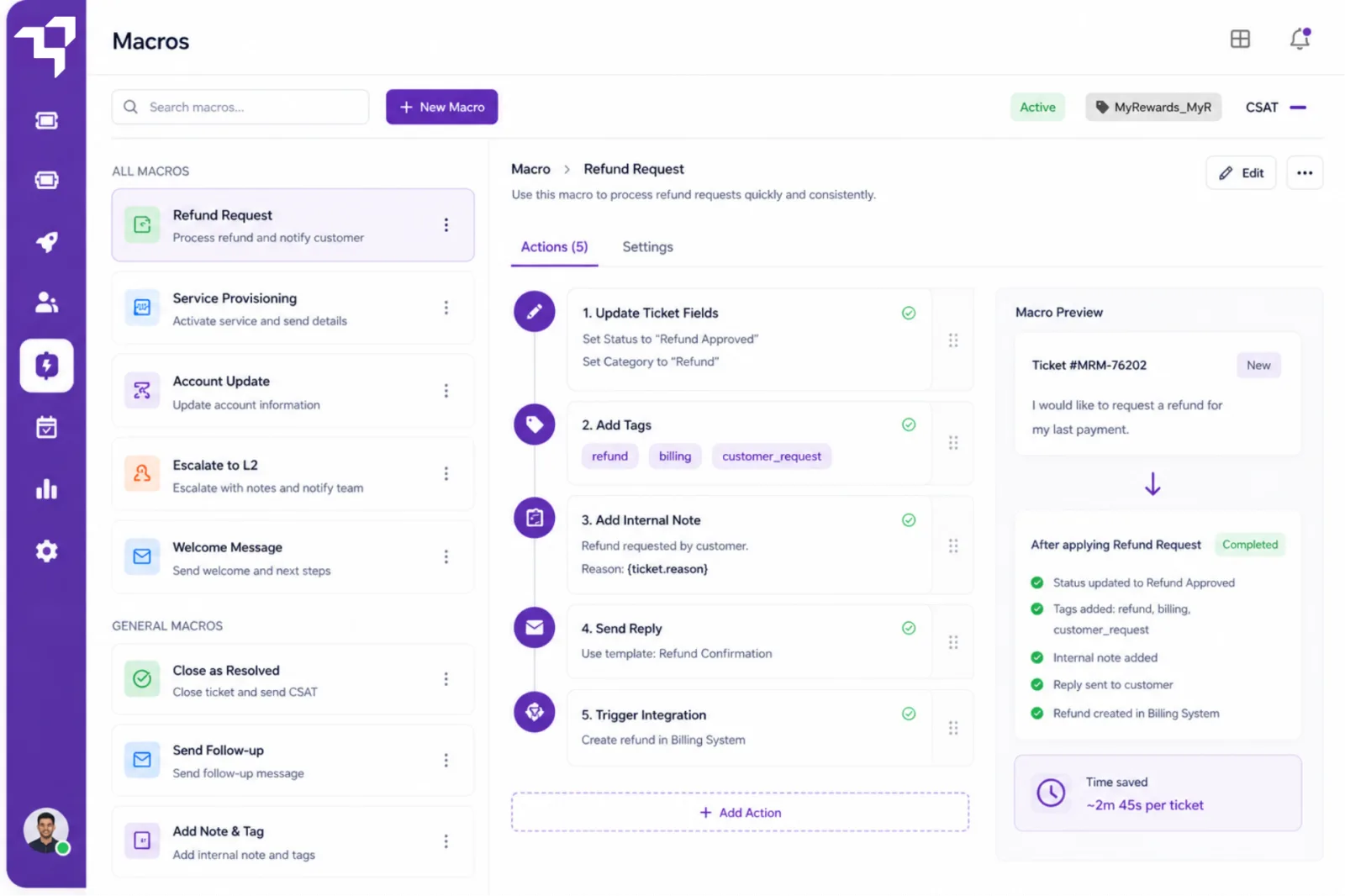 Macros workflow editor with a multi-step refund automation