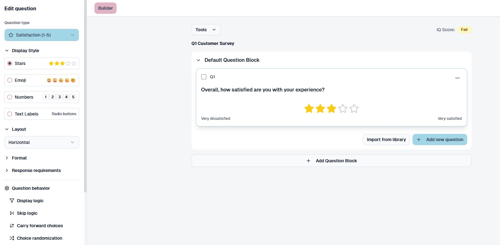 Survey builder interface showing question configuration and flow logic