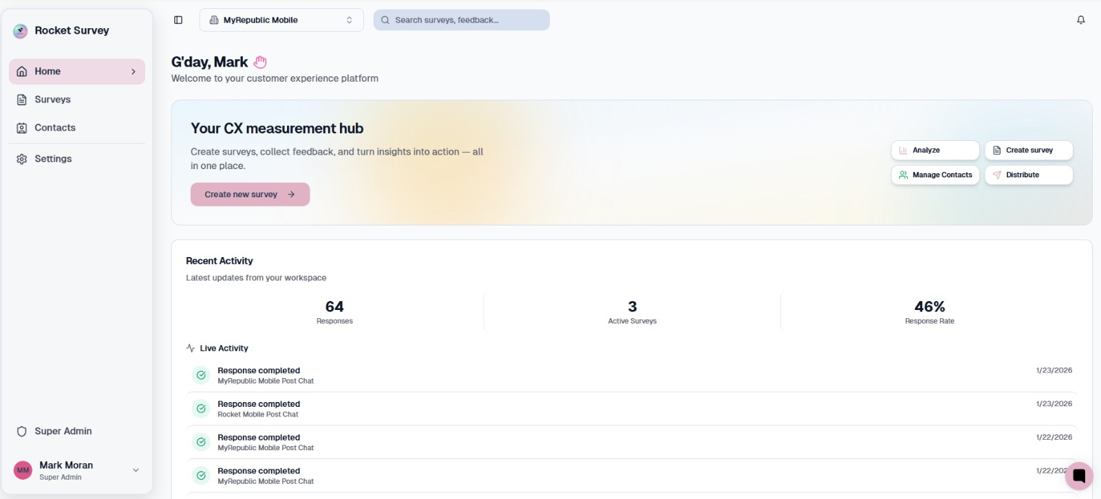 Survey platform dashboard showing recent activity and response tracking