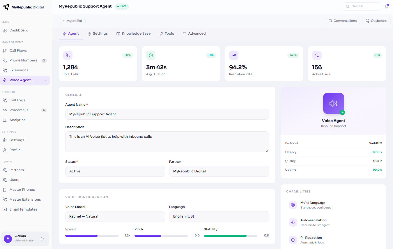 AI receptionist agent configuration screen answering calls for a small business