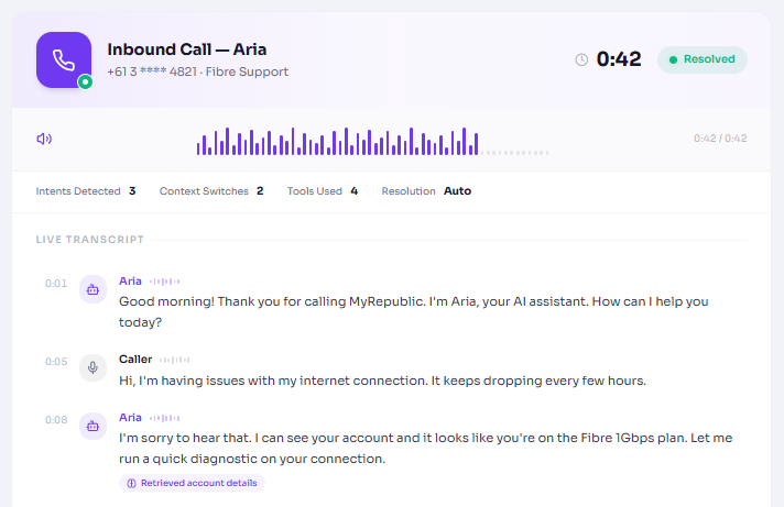 Live AI voice conversation transcript with call details