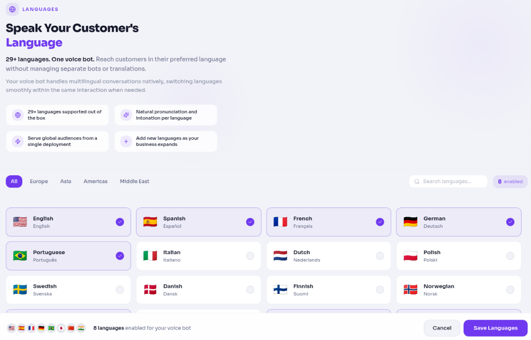 Language selection screen showing 10+ supported languages