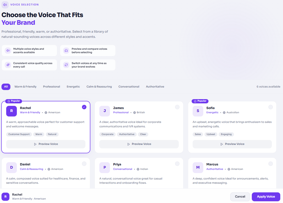 Voice persona selection interface showing available AI voices