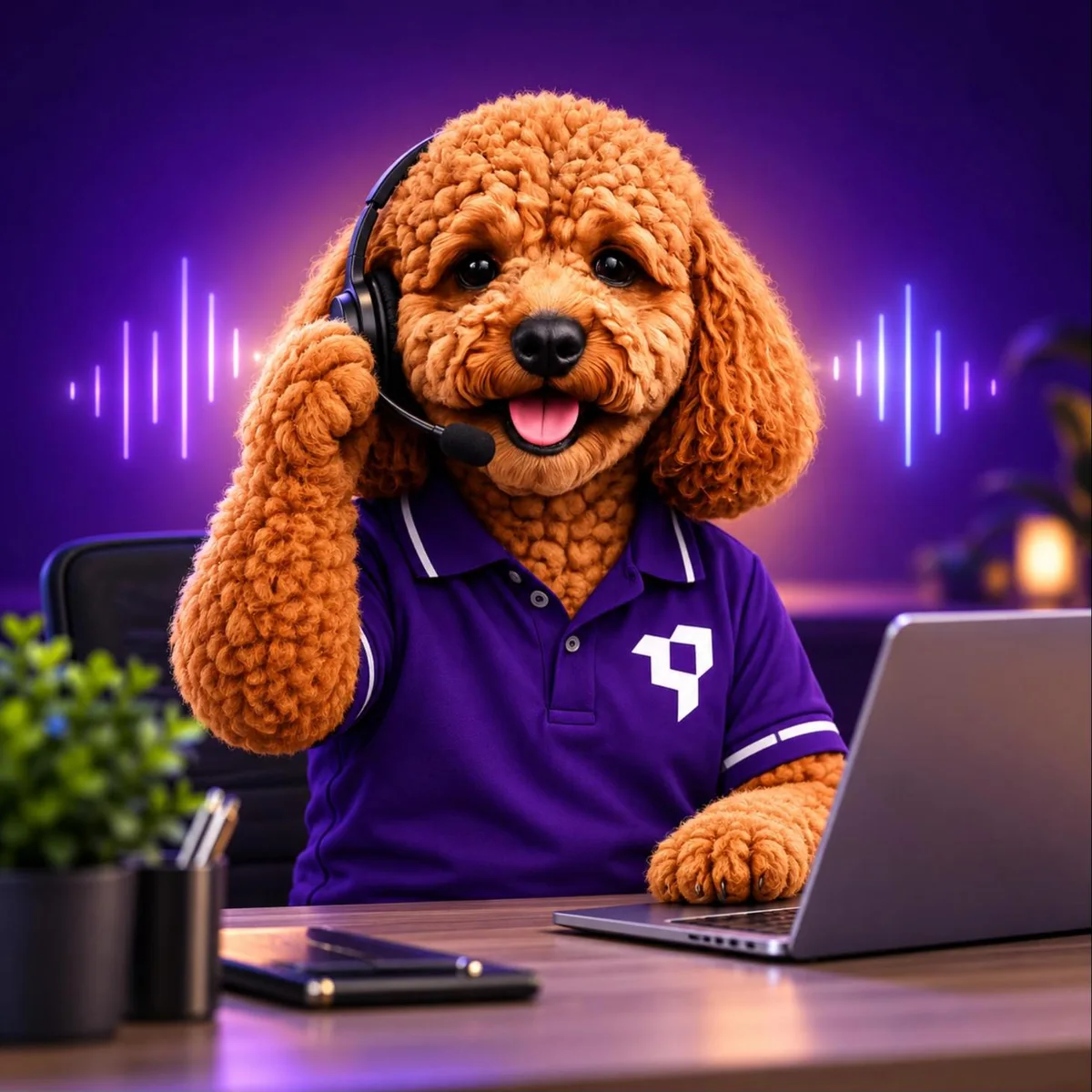 Rocko, the MyRepublic Digital mascot, wearing a headset and answering calls as an AI receptionist