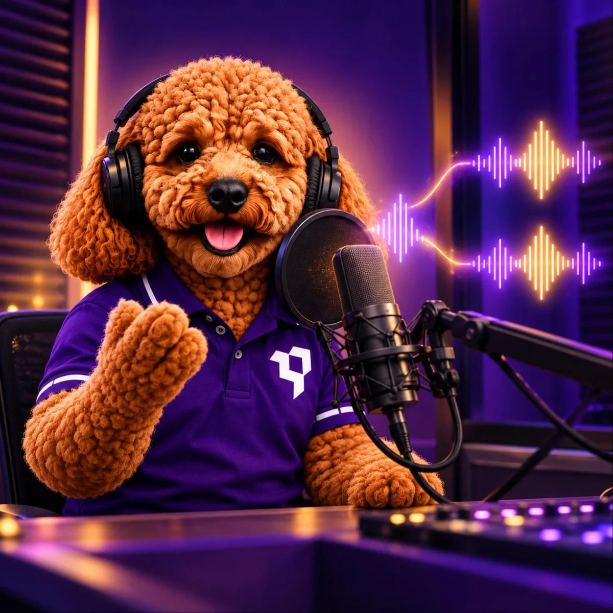 Rocko recording his voice into a studio microphone so the AI receptionist can sound like him