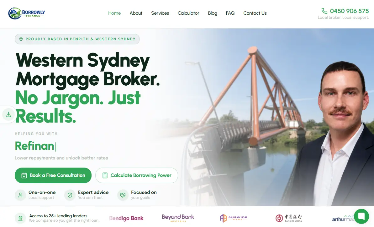 The Borrowly Finance website homepage designed and hosted by MyRepublic Digital, showing Western Sydney mortgage broker messaging, a borrowing power calculator and founder Jason Fryer.