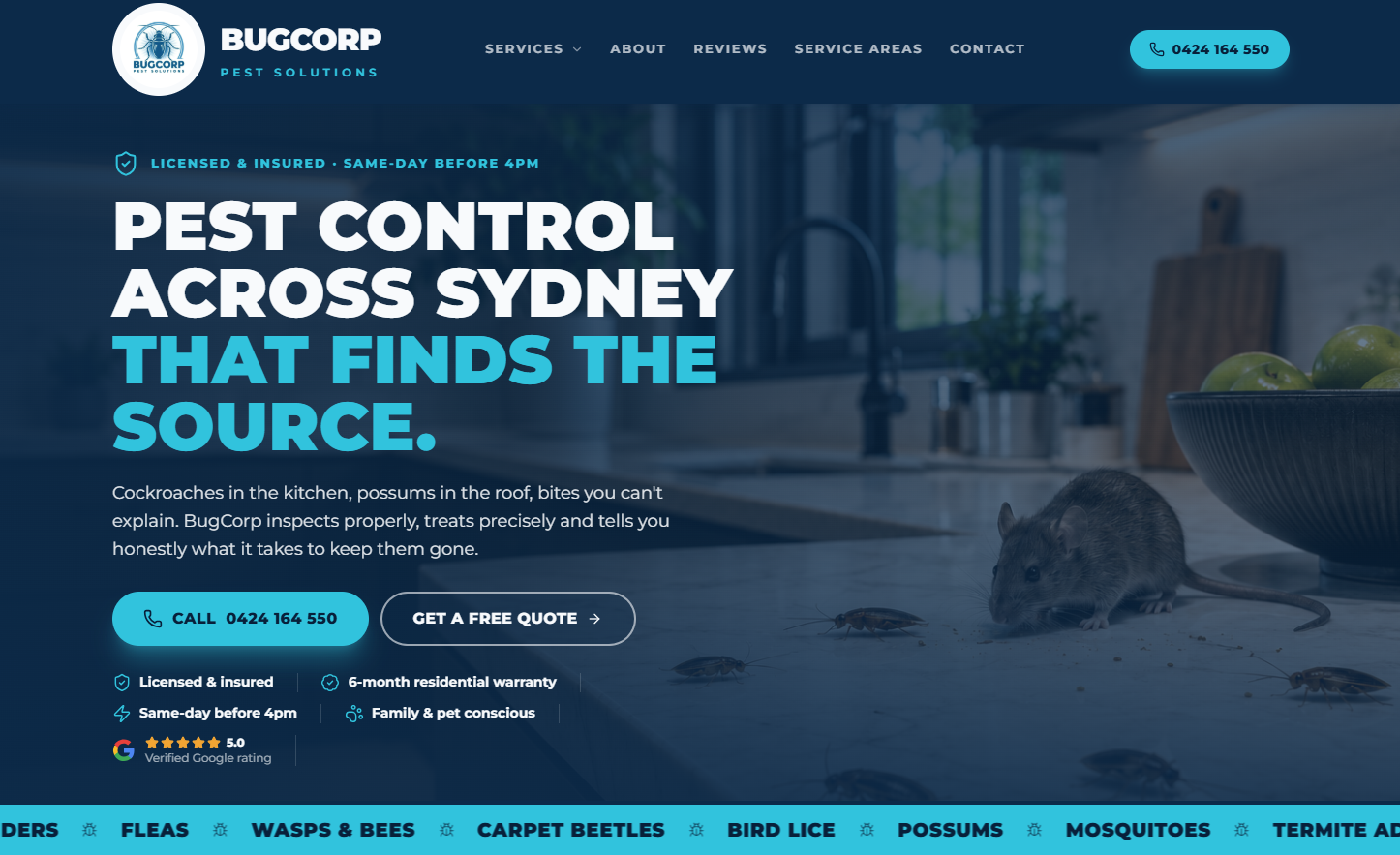 The new BugCorp Pest Solutions website homepage designed and hosted by MyRepublic Digital, showing the Pest Control Across Sydney hero in blues and whites with call and quote buttons.
