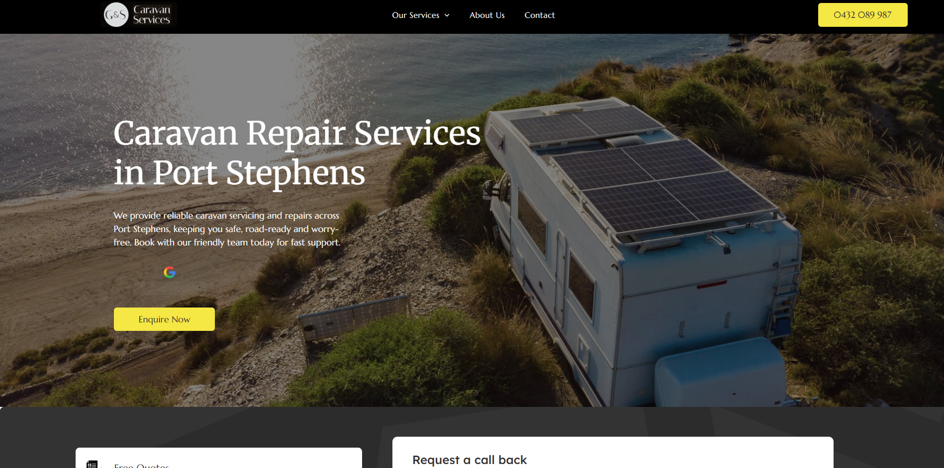 The old G&S Caravan Services website: a basic template site with a caravan on a coastal cliff and an Enquire Now button.