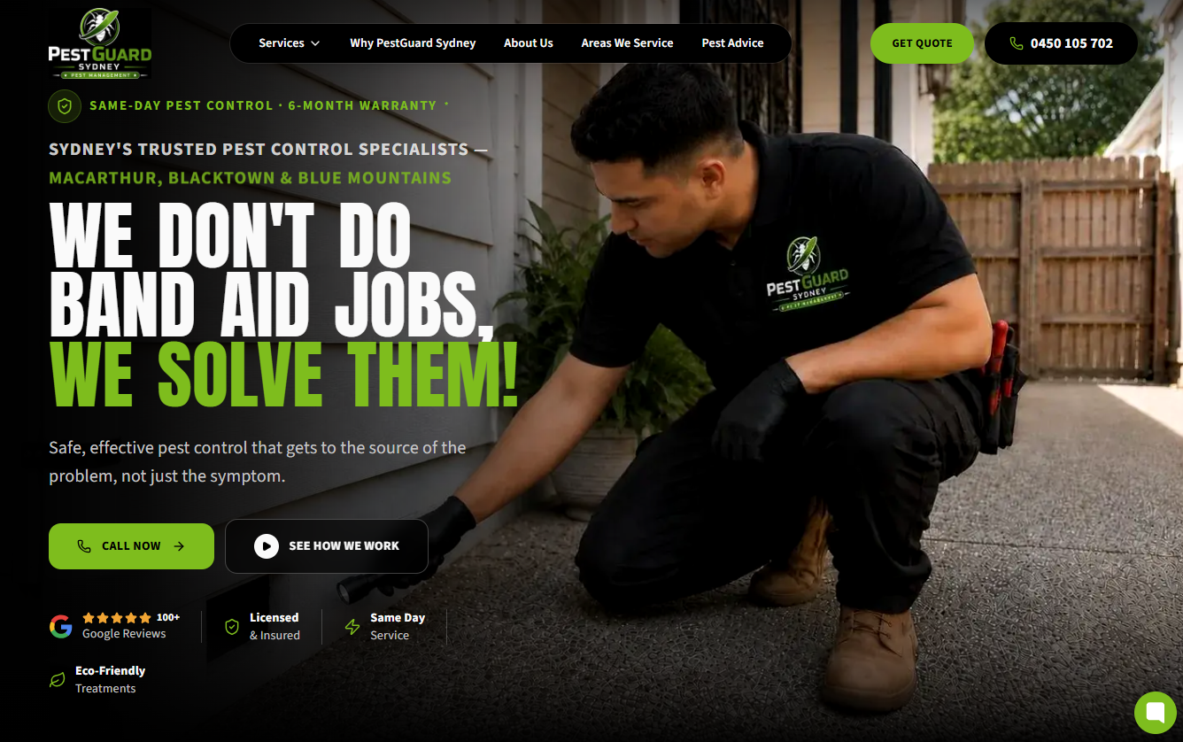 The PestGuard Sydney website homepage designed and hosted by MyRepublic Digital, showing same-day pest control messaging, service areas and trust badges.