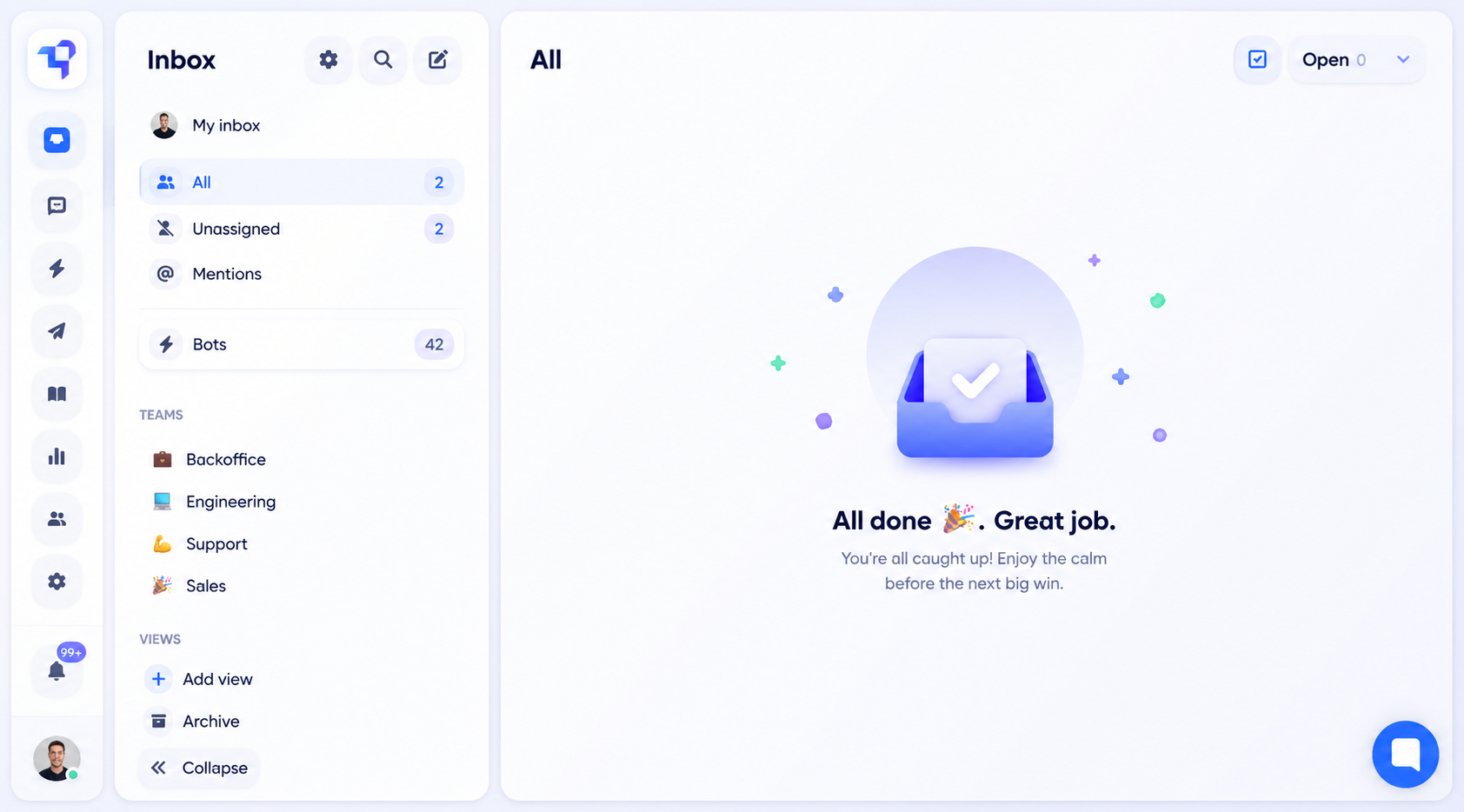 The AI Chat Platform agent inbox showing teams, views and conversation routing.