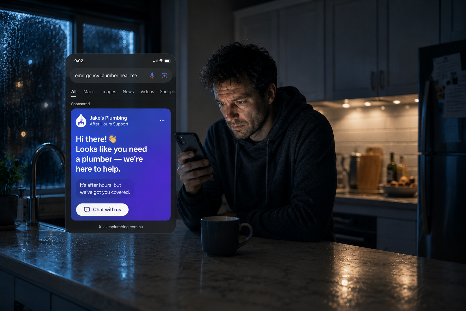 Branded AI chat widget with welcome message on mobile
