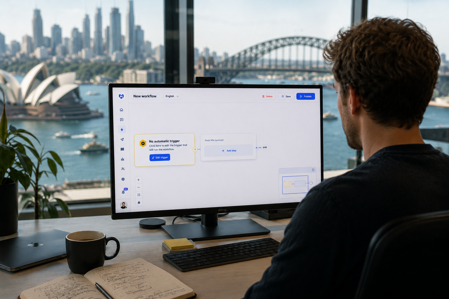 Drag and drop visual workflow builder canvas with trigger and step nodes