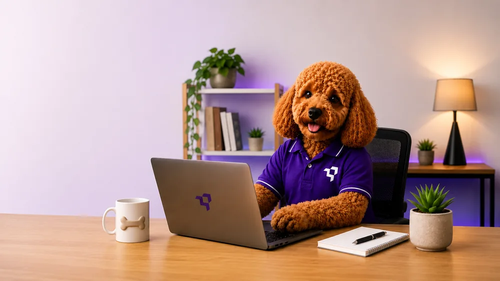 MyRepublic Digital mascot in a purple brand polo, working at a laptop and ready to help