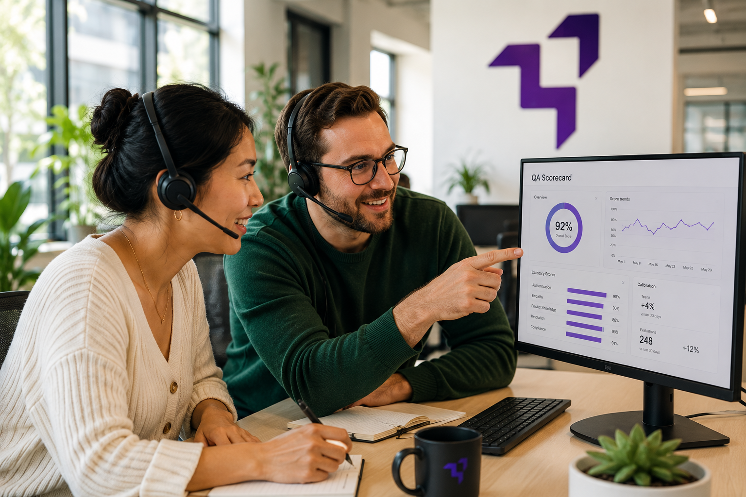 Two team leads reviewing a QA scorecard together