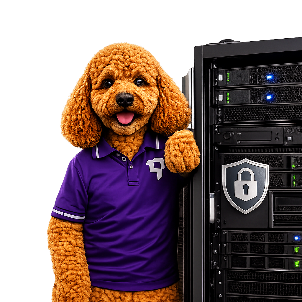 MyRepublic Digital mascot standing next to a managed hosting server rack