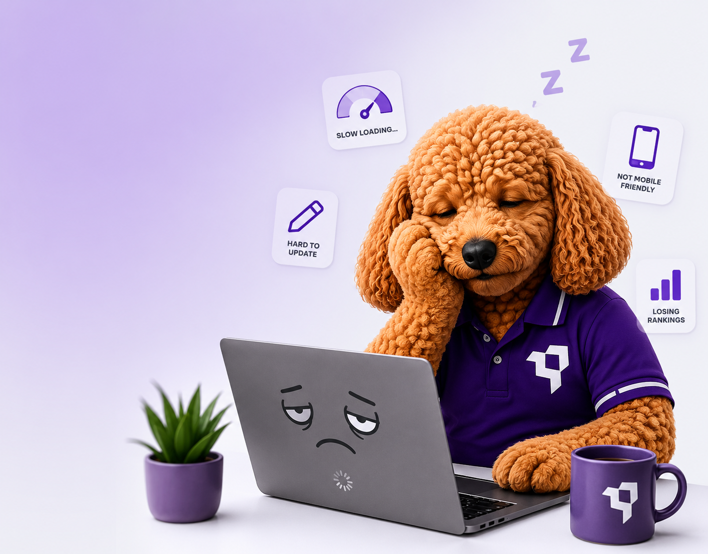 Dog mascot in a purple polo looking tired at a slow, dated website on a laptop